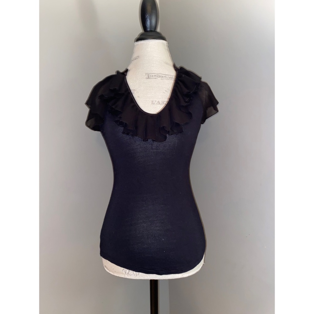 BLACK ruffle trim neckline blouse